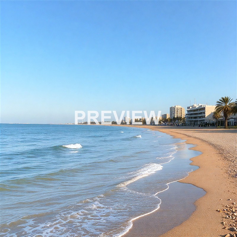 A sandy beach with gentle waves lapping the shore, lined with palm trees and modern buildings in the background under a clear blue sky.